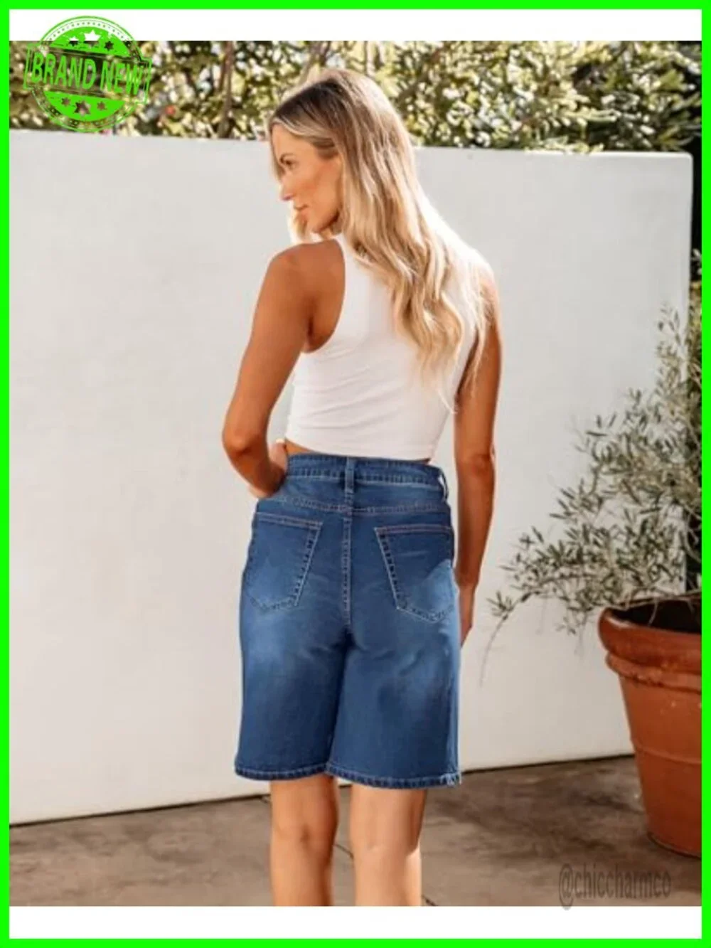 High Waisted Stretchy Denim Bermuda Shorts Knee Length Loose Fit Long Shorts